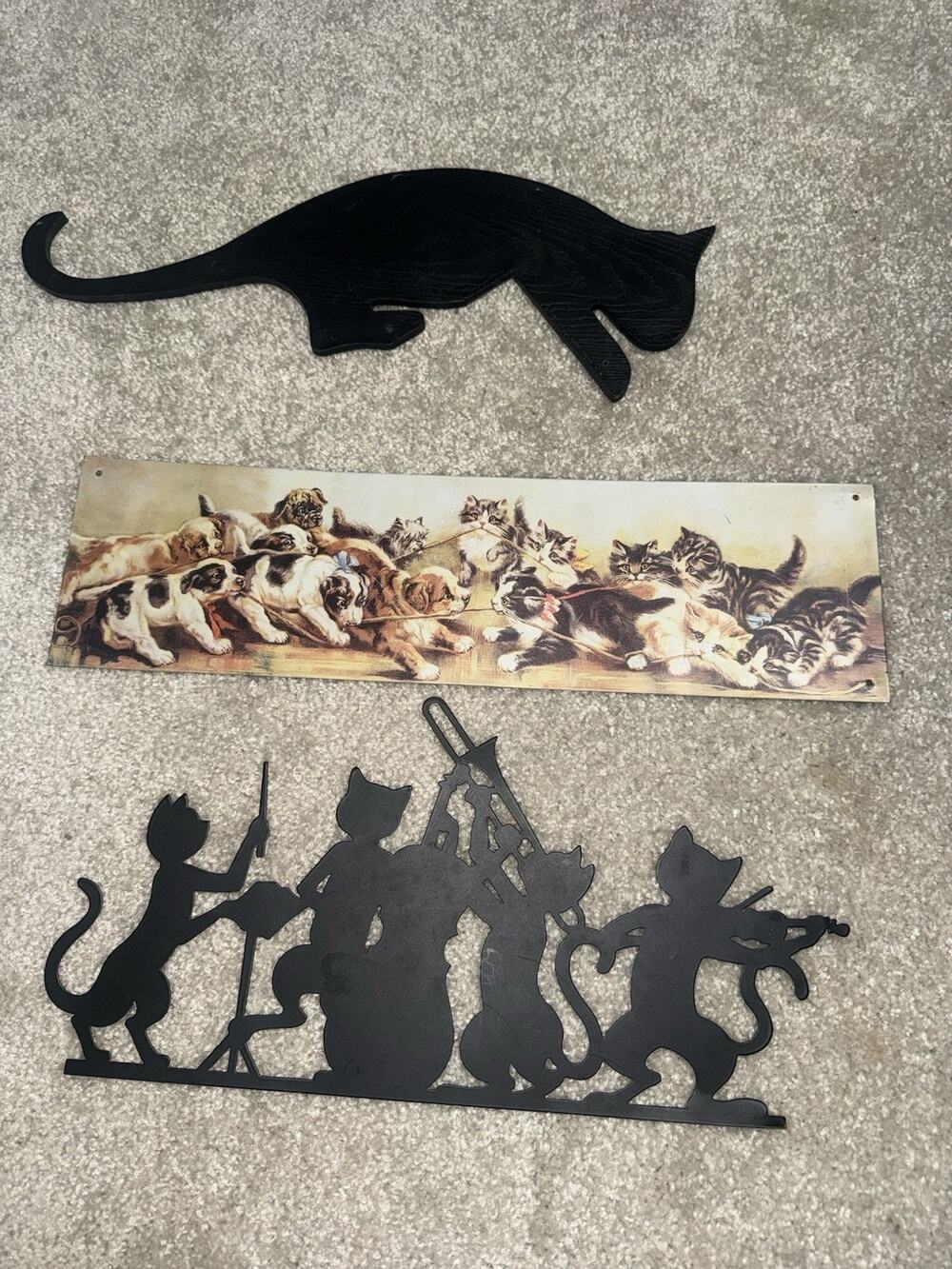 Vintage Cat Decor Lot Black Cat Wood Cutout Metal Jazz Band Wall Sign Puppies